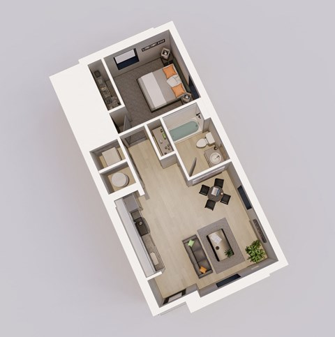 an overhead view of a 3d floor plan of a small apartment